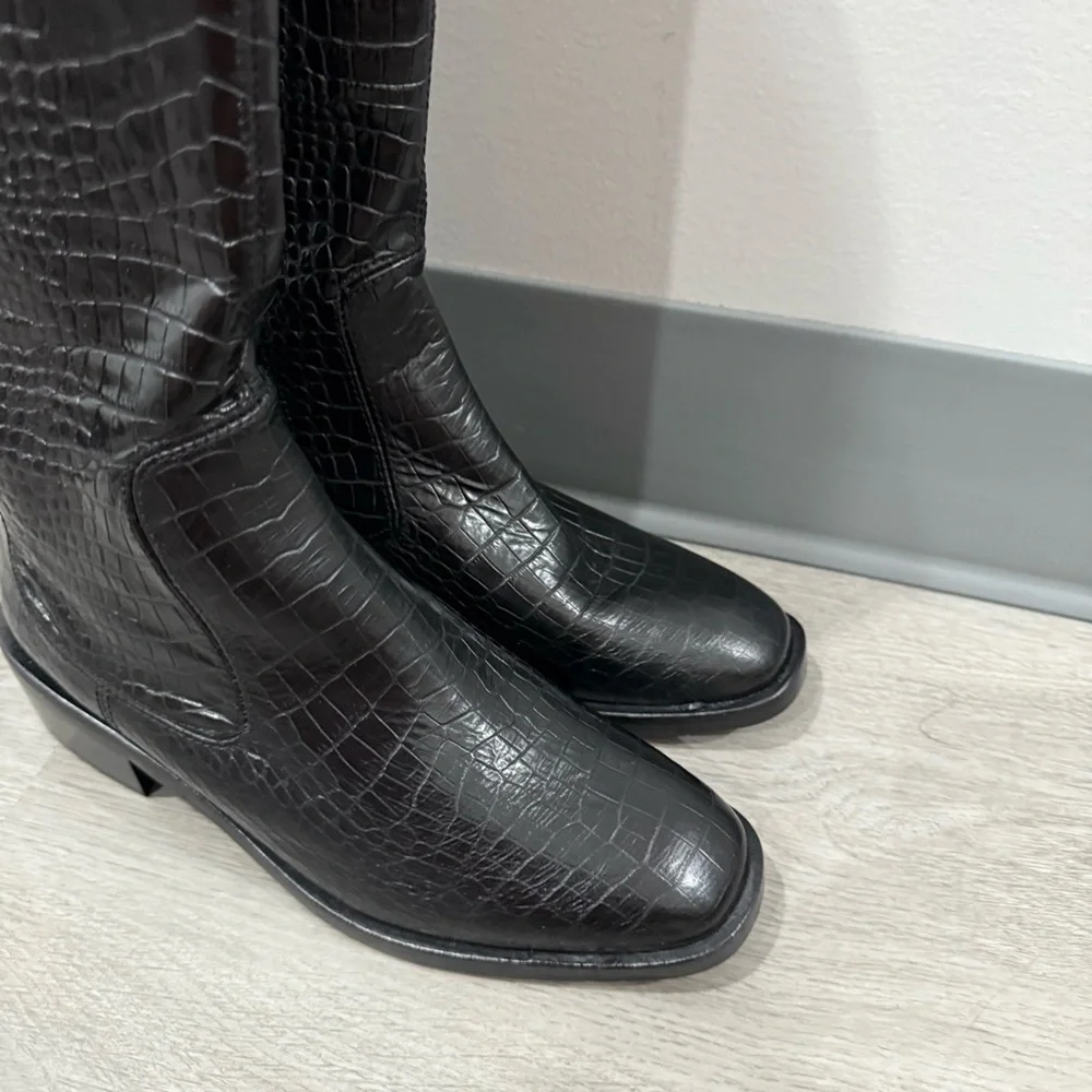 Aquatalia Boots Clara Knee High Croc Embossed in Black